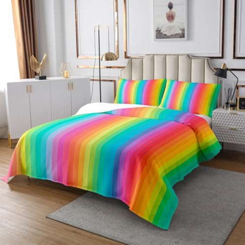 Homewish Colorful Stripes Bedspread Set Queen Size for Kids,Boys Girls Rainbow Quilt Set Line Gradient Bedspread Coverlet Stripes Art Bedspread 3 Piece Decorative Bedding Quilted with 2 Pillow Shams