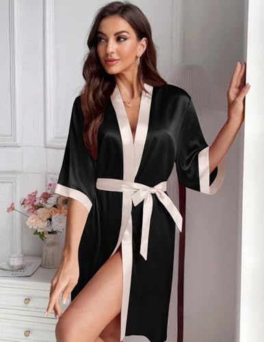 Ekouaer Women's Satin Robes Silk Kimono Bathrobe 3/4 Sleeve Bridal Bridesmaids Robes Soft Silky Sleepwear S-XXL3