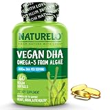 NATURELO Vegan DHA - Omega 3 Oil from Algae - Supplement for Brain, Heart, Joint, Eye Health - Provides Essential Fatty Acids for Women, Men and Kids - Complements Prenatal Vitamins - 60 Softgels