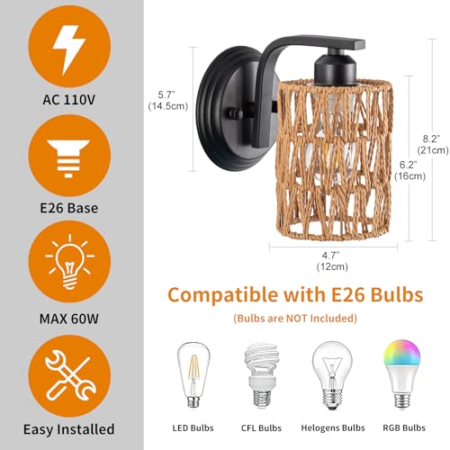 Zswanbei WBBIDENGR001 Boho Rattan Wall Sconces Set Of Two Bedside Wall Lamp Hardwired Hand-Woven Farmhouse Wall Sconce Indoor Wall Lights thumb #5