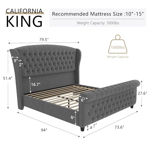 Image of AMERLIFE California King Size Platform Bed Frame, Velvet Upholstered Sleigh Bed with Scroll Wingback Headboard & Footboard /Button Tufted /No Box Spring Required /Grey