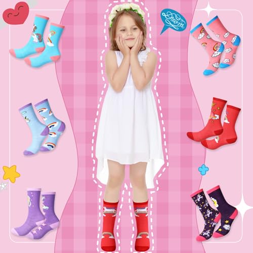 Cuffbow 12 Pairs Girls Unicorn Long Socks Kids Knee High Soft Cotton Socks for Girls 5-8 Years Soccer Cheerleaders Child Gift2