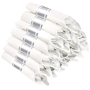 WELLIFE 50 Pack Silver Plastic Silverware, Pre Rolled Napkins with Silver Cutlery Set, Include: 50 Silver Knives, 50 Silver Forks, 50 Silver Spoons, 50 White Napkins for Wedding