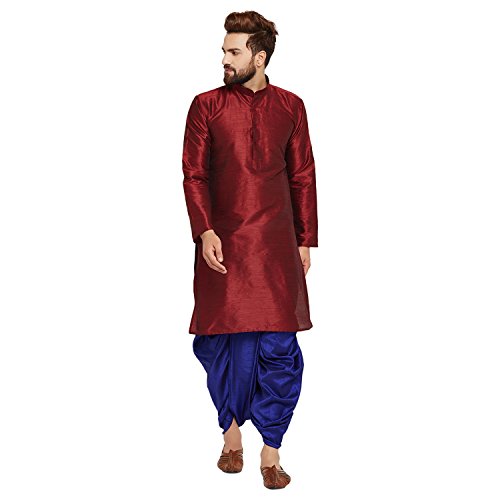 Image of SOJANYA (Since 1958 Men's Off-White and Gold Dupion Silk Dhoti Kurta Set