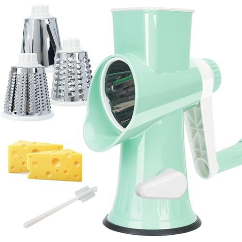Cheese Grater MultiFunction Rotary Cheese Grater Hand Crank – Cheese Shredder Effortlessly Shred,Slice,Chop.Applicable to Cheese, Vegetables,Fruits,Nuts,Non-Slip Suction Base,Easy to Clean (green)