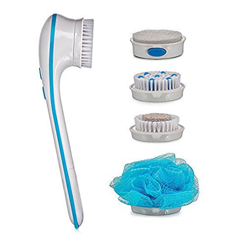 NEX&CO Waterproof Electric Body Shower Brush with Long Handle Spin Scrubber for Back Face Cleaner SPA Massager 4 Attachments Blue