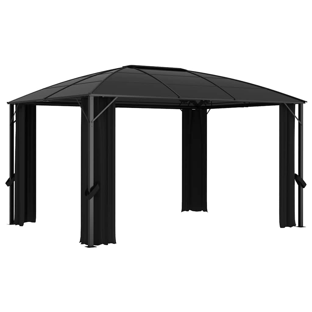 Altanka z zasłonami 400x300x265 cm antracyt | Dach panelowy PC 6 mm, rama aluminiowa i stalowa, 4 zasłony poliestrowe, łatwy montaż