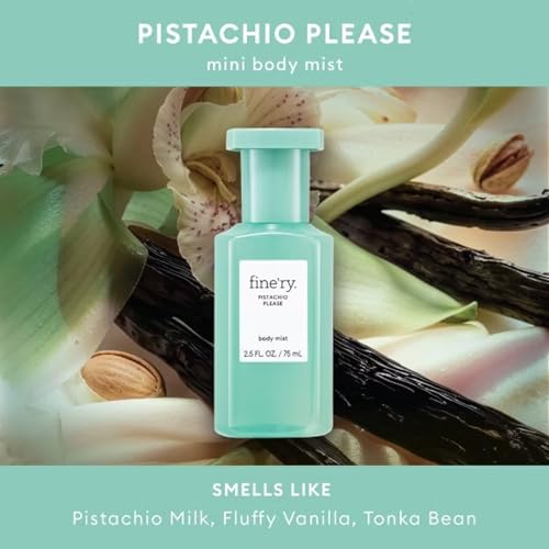 Image of Fine'ry Pistachio Please Vanilla Mini Hair + Body Mist Gourmand Fragrance Spray for Women & Girls - Roasted Almond, Sweet Pistachio & Vanilla Milk, Travel Size, Gift for Teens (2.5 Fl Oz)