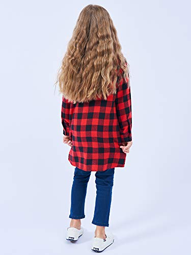 Image of OCHENTA Girls Flannel Shirt Dress 100% Cotton Plaid Button Down Buffalo Check Long Sleeve Kids School Outfits (3-12Y)