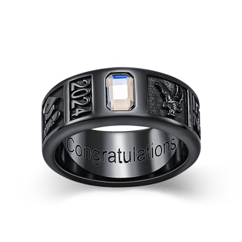 Dorunmo Personalied 2025 Class Ring Men 925 Sterling Sliver High School Rings for Men Black Class Bands Graduation Gift, 0/1/2/3 Gem and Pattern, 4.5/6/7/9.5mm Width2