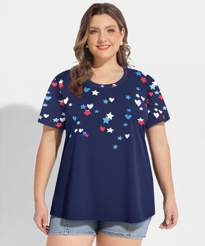 Image of CARCOS Plus Size Tops for Women Short Sleeve Shirt Summer Star /Leopard /Tie Dye /Flower Crewneck Pullover Tunic XL-5XL
