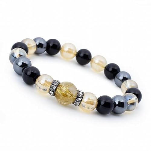 [パスクル] 【X.G】 ゴールドルチルクォーツ ブレスレット メンズ ゴールド パワーストーン ギフト 天然石 オニキス 男性 成功 数珠 金運 商売繁盛 勝負運 ダークオーラ ヘマタイト 人気 彼氏 プレゼント サイズ：L(17.0cm～17.5cm)