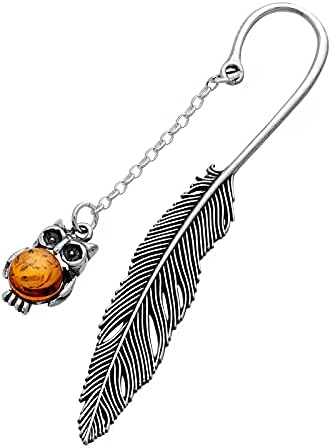 AMBEDORA Bookmark with Amber, Oxidised Sterling Silver, Round Baltic Amber in Cognac Colour, Silver Little Owl Bookmark L. 8.2 cm