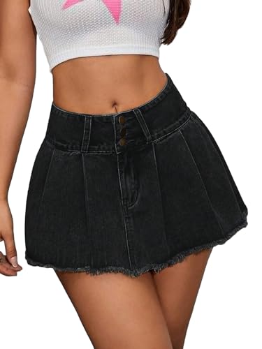 WDIRARA Women's Low Waist Button Pleated Hem A Line Raw Hem Mini Denim Skirt