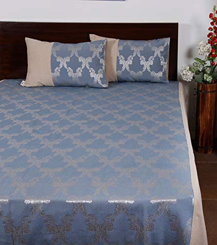 Image of Blue Self Design Double Cotton Jacquard Bedcover with 2 Pillow Covers, Pack of 1