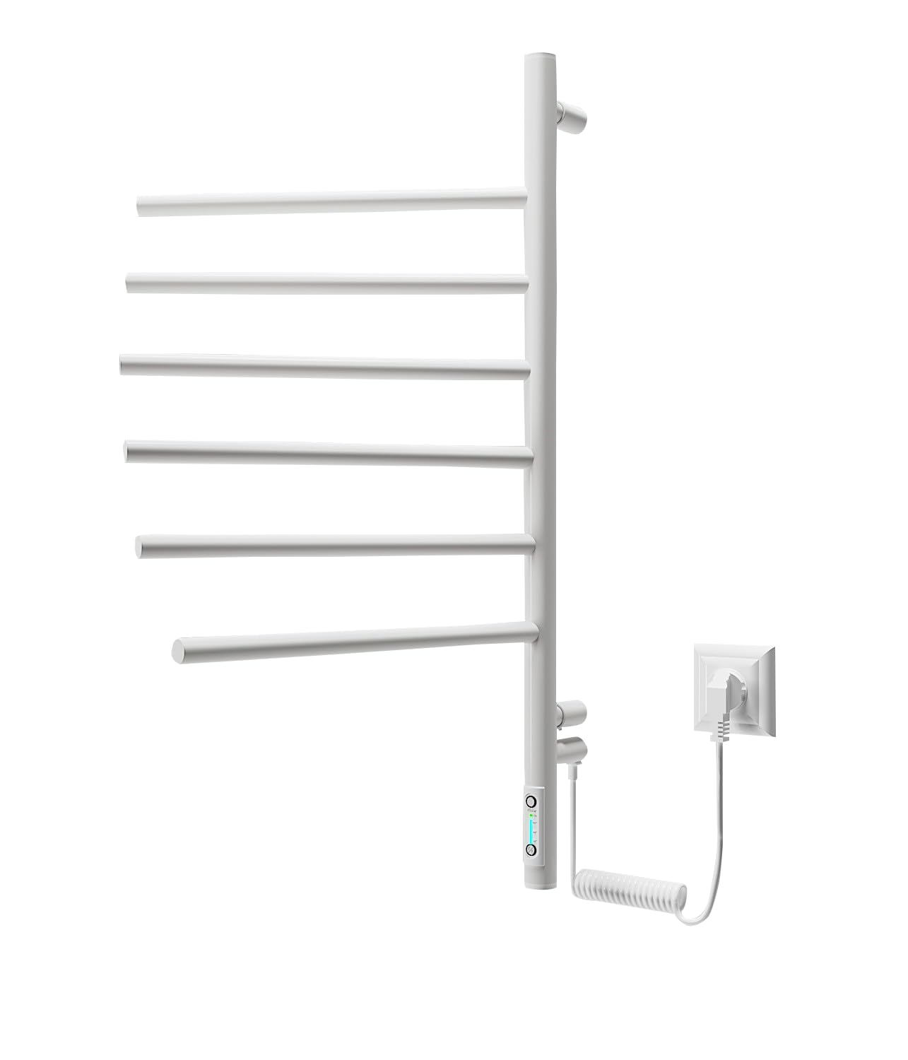 Elektryczny grzejnik na ręczniki 79x40 cm – Biały – 6 ramion obrotowych – 78W – Termostat i Timer – IP44 – Design do łazienki – Stal węglowa