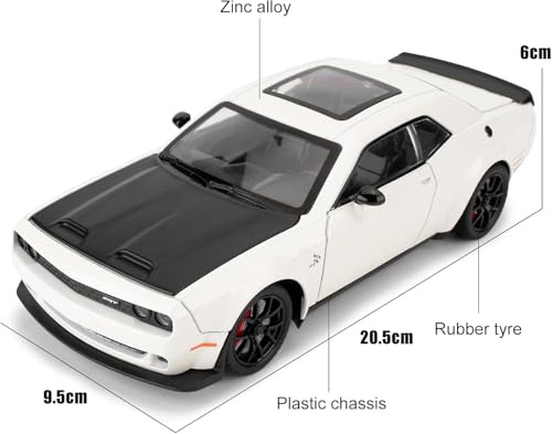Image of 1 /24 Dodge Challenger Hellcat Model Car, Zinc Alloy Pull Back Toy car with Sound and Light for Kids Boy Girl Gift (White)