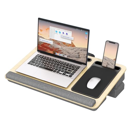 Laptopkissen für Bett mit Kissen, PUTORSEN Laptop Kissen Mausunterlage Passen bis zu 17,3 Zoll Notebook, Höhenverstellbar Lapdesk mit Tablet und Telefon Rille für Lernen, Gelb