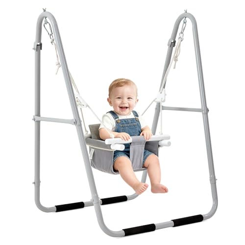 FUNLIO U-Shape Swing Set for Toddlers 6-36 Months, Heavy Duty Metal Frame with 2 Sandbags & 4 Anti-Slip Pads, Easy to Assemble & Store, Foldable & Portable Toddler Swing for Indoor/Outdoor-Gray
