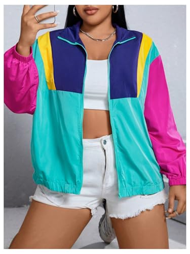 SweatyRocks Women's Plus Size Jackets Lightweight Color Block Collared Windbreaker Jackets4