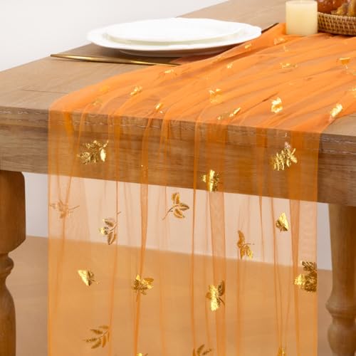 Image of Fall Maple Leaf Table Runner Orange Sheer Gauze Foil Table Runner, 6PC