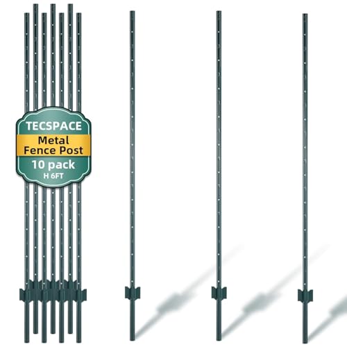 TECSPACE Metal Fence Posts 6 Feet Heavy Duty U-Post for Wire Fence No Dig Garden T Posts for Temporary Fencing Electric Fence and Corner Support - 10 Packs