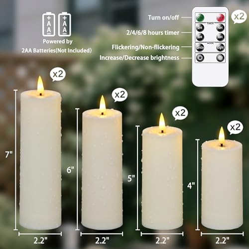 Image of 8pcs Waterproof Plastic Flameless 2.2 inch x4 inch 4 inch 5 inch 5 inch 6 inch 6 inch 7 inch 7 inch Flickering Ivory Candles with Remote and Timer, Outdoor LED Battery Operated Warm Light Long Lasting 600 Hrs