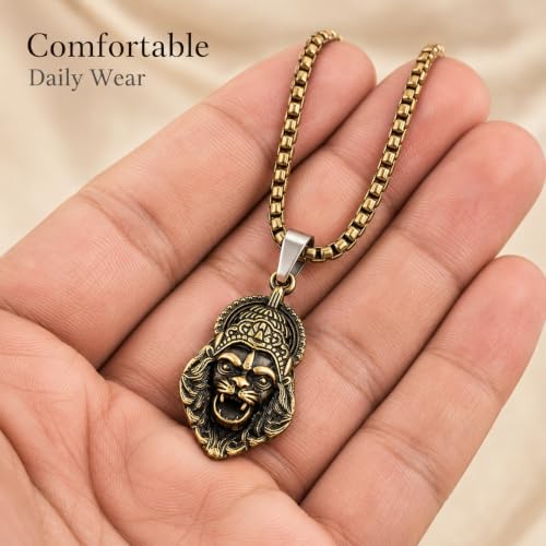 Image of M Men Style Narasimha Metal Pendant With 22 Inch Box Stainless Steel Chain | Lord Narshinha Trident Necklace | Hindu Religious Jewelry for Men & Women