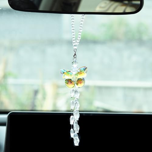 Image of Crystal Butterfly Car Rear View Mirror Hanging Ornament Lucky Butterfly with Fishes Tassel Bead Sun Catcher Pendant Car Interior Decoration Accessories