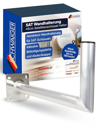 SCHWAIGER SAT Wandhalterung 45 cm I Satellitenschüssel Halterung für SAT-Schüsseln bis 100 cm I Windbeständig bis zu 190 km/h I Wandhalter aus rostfreiem Aluminium I schnelle & einfache Montage