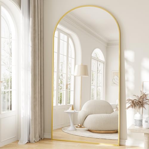 Image of Large Full Length Mirror, 36 inchx80 inch Arched Floor Mirror Full Length with Stand, Room Decor Big Full Body Mirror with HD Tempered Glass Aluminum Frame for Bedroom Living Room, Gold