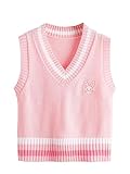 Yuhanya Women V Neck Cute Argyle Preppy Style Knit Vest Sweater for Women Sleeveless Tank Top, Pink, Large