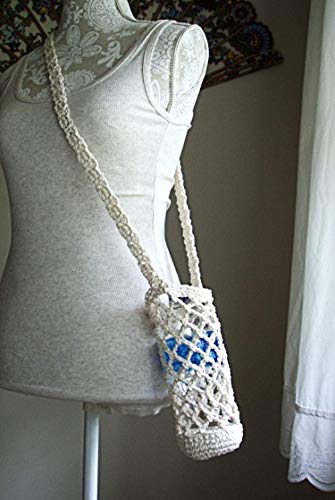 Cream Cotton Crochet Crossbody Water Bottle Bag Drink Carrier Holder Beverage Sling Tote3