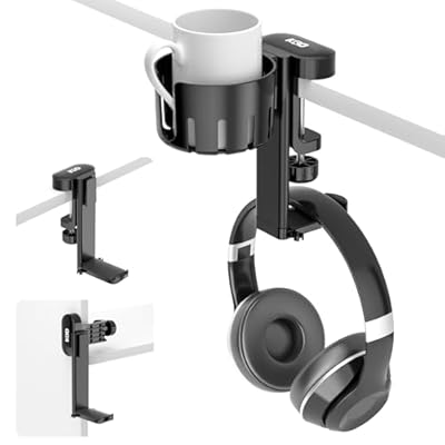 KDD 2 en 1 Soporte Cascos Gaming con Soporte Taza Escritorio - Soporte Auriculares Giratorio con Abrazadera Bajo el Escritorio - Soporte para Tazas de Café Vasos de Agua Auriculares Negro