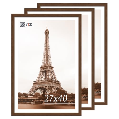 Image of VCK 27x40 Poster Frame Solid Wood brown 3 Pack Picture Frames 27 x 40 Inches with Wall Mounting Hanging