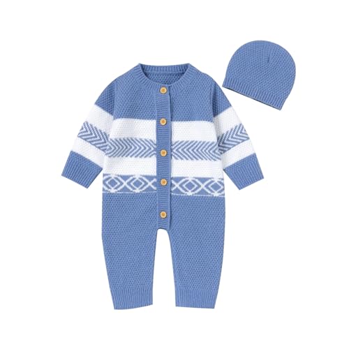 Generisch Elegante mono de punto para bebés con diseño floral como ropa cálida de primavera e invierno con sombrero integrado de manga larga, azul, 0-3 meses