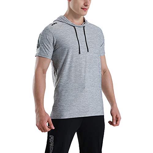 Hommes Sports Manche Courte Sweats à Capuche Gym T-Shirts Musculation Hauts Gris S