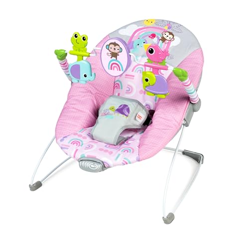 Bright Starts, Hamaca porttil Pink Paradise, con asiento vibratorio para bebs y barra de juguetes, de 0 a 6 meses