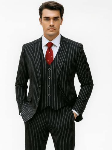 Mens Vested Gangster Pinstripe 1920's Suit in Black3