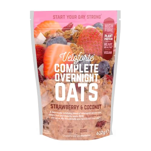 Veloforte Overnight Oats For A High Protein Complete Daily Breakfast | 15g plant protein heart healthy Omega 3s and high fibre | Real fruit wholegrain seeds and oats | Strawberry & Coconut | 602g