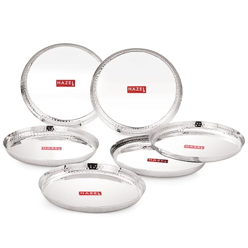 Image of HAZEL Stainless Steel Dinner Plate 30.2cm | Stylish Hammered Walls Thali for Lunch, Tiffin Plates, Ideal for Home, Office & Restaurant, Pack of 6