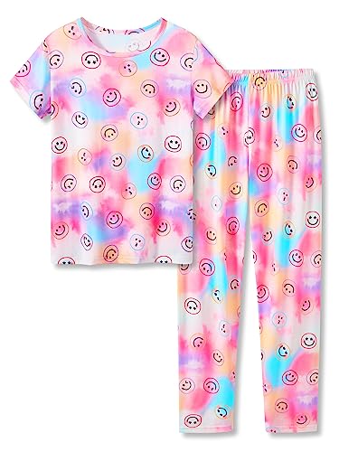 Image of Beezizac Girls Pajamas Cute Print Short /Long Sleeve Pants Set Size 6-18 | Soft Stretch Poly Blend, Comfy Crewneck, Elastic Waist Pants, Everyday & Holiday Sleepwear for Big Girls, Tweens & Teens