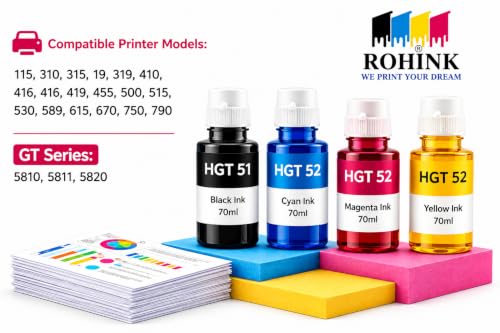 Image of ROHINK GT51 GT52 Ink Refill Dye Ink Compatible with HP Ink Tank 115, 310, 315, 319, 410, 415, 416, 419, 455, 500, 515, 530, 615, GT 5810, GT 5811, GT 5820 (70ml X 4color Set)