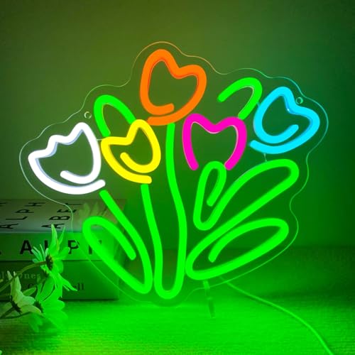 Letrero de neón LED de tulipán, luz de neón LED regulable para tienda, tienda, dormitorio, club, decoración de pared, regalo para el día de la madre o San Valentín (13 x 11.4 pulgadas)