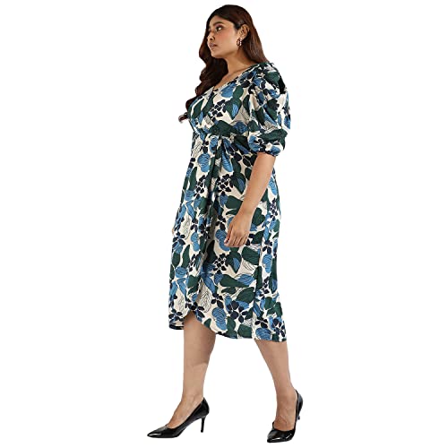 Image of Instafab Plus Women's Multicolour Printed Midi Length Short Sleeve Regular Fit Wrap Dress for Casual Wear | Modern Clothing Dress Crafted with Comfort Fit for Everyday Wear, 3XL