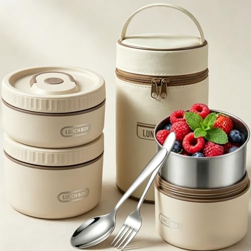 XunHe Thermobox Lunchbox Set - 2 * 600ml + 440ml 3 Separate Thermo Lunchbox edelstahl mit Tasche & Besteck, Spülmaschinengeeignet, Brotdose Edelstahl 304 Rostfrei für Büro Home Office