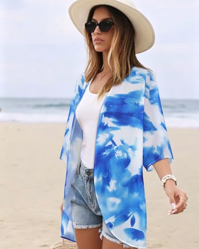 Image of Women's Floral Print Puff Sleeve Kimono Cardigan Loose Cover Up Casual Blouse Tops 2026
