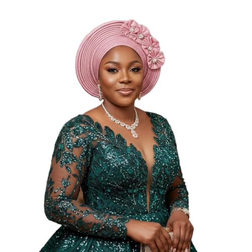 Beaded African Turban Caps: Classic Gele Headties for Weddings and Special Occasions (US, Numeric, 5 1/8, 6 1/4, Pink)