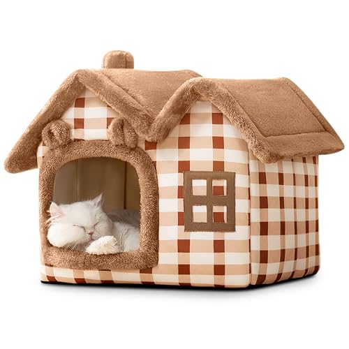 ALLSOPETS Cuccia Cane Interno Esterno Casetta per Gatti Letto Grotta Pieghevole con Cuscino Rimovibile, Igloo Caldo Lavabile per Gatti Cuccioli Piccoli Cani (Orso Marrone, L)