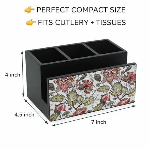 Image of Wooden Cutlery Stand Holder I Countertop Organizer - Spoon Fork Knife Napkin Tissue Paper I Home & Kitchen I Size 7 inch X 5 inch X 4 inch I Floral Fantasy, Multicolor